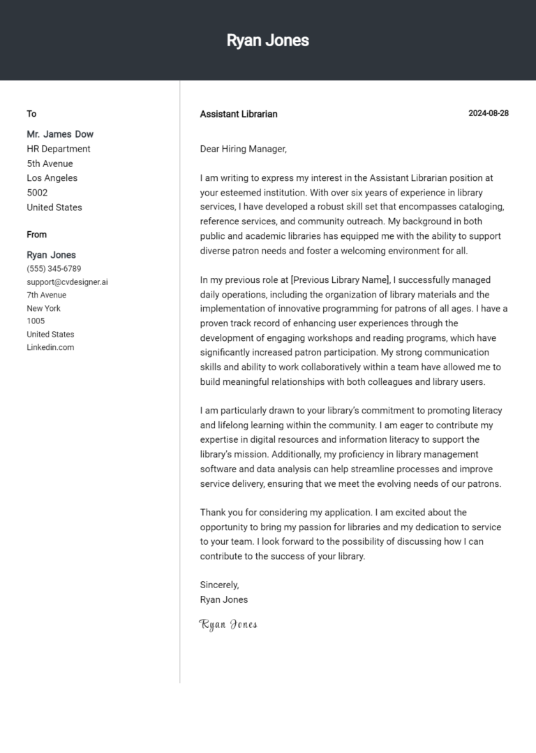 Assistant Librarian Cover Letter Example for 2025: Top CV Skills