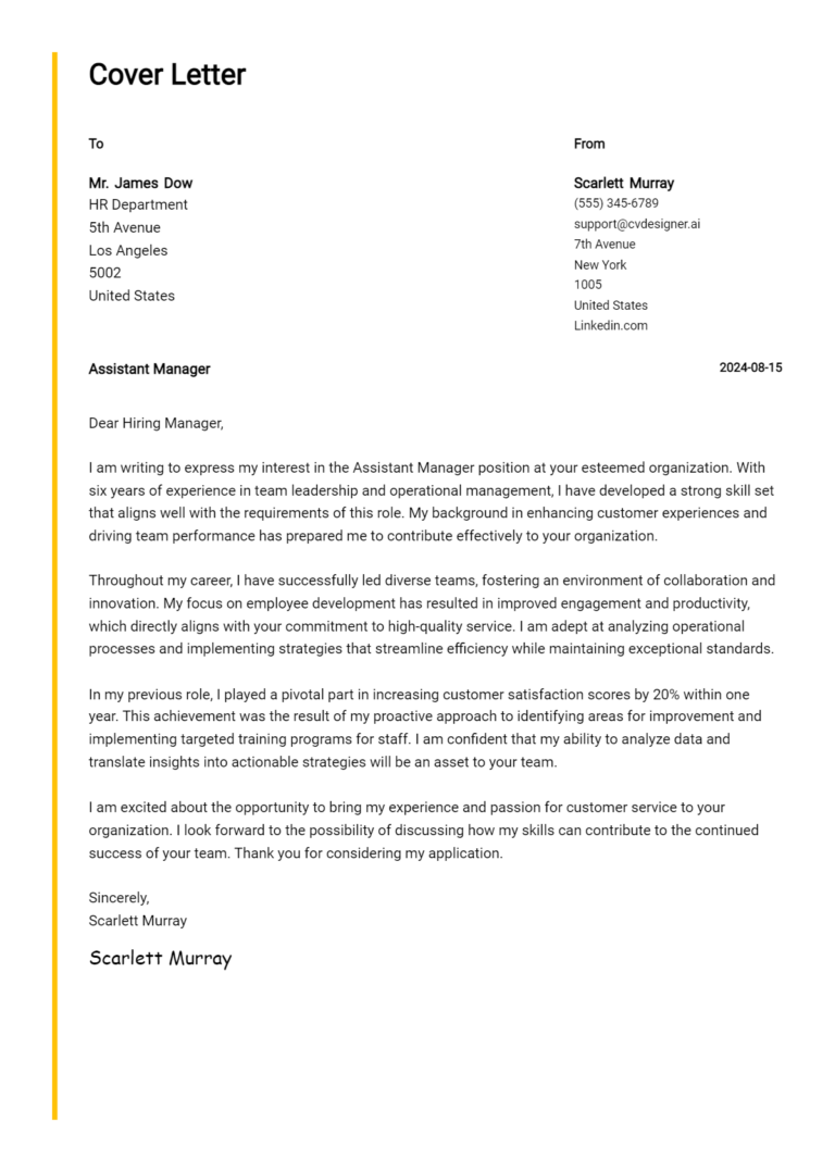 Assistant Manager Cover Letter Example for 2025: Free Templates