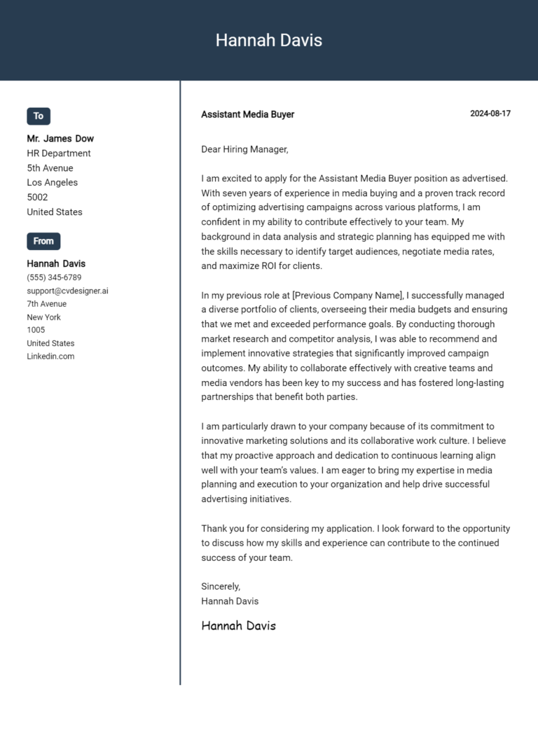Assistant Media Buyer Cover Letter Example for 2025 (Complete Writing Guide)