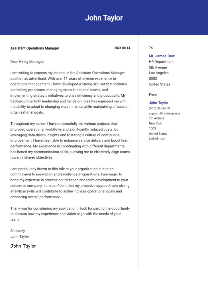 assistant operations manager cover letter example