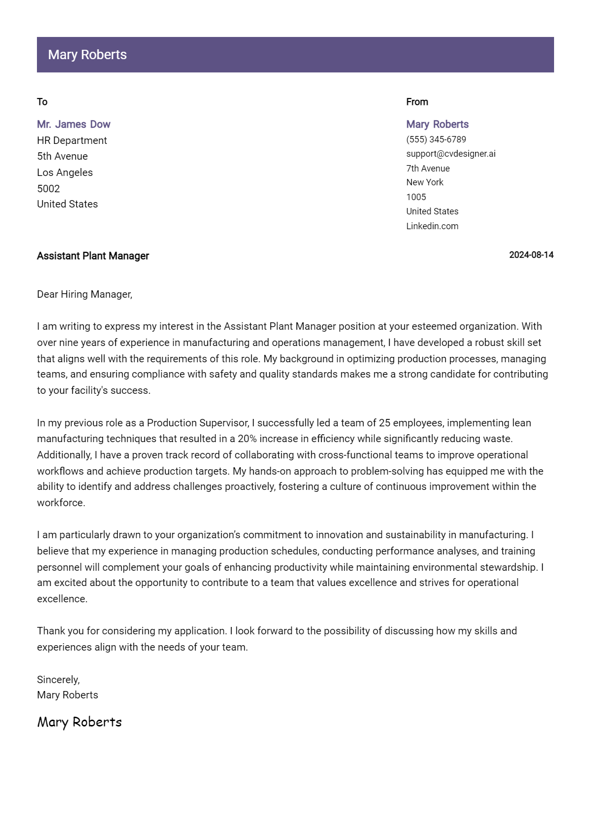 assistant plant manager cover letter example