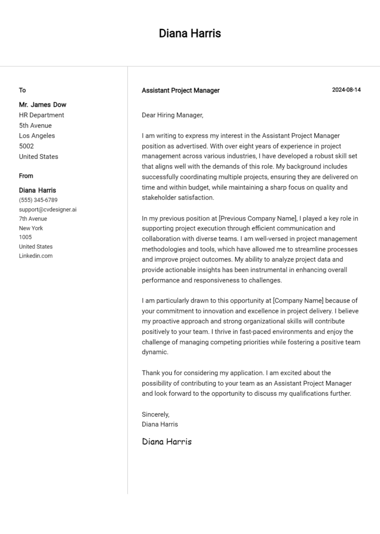 Assistant Project Manager Cover Letter Example for 2025: Ultimate Guide