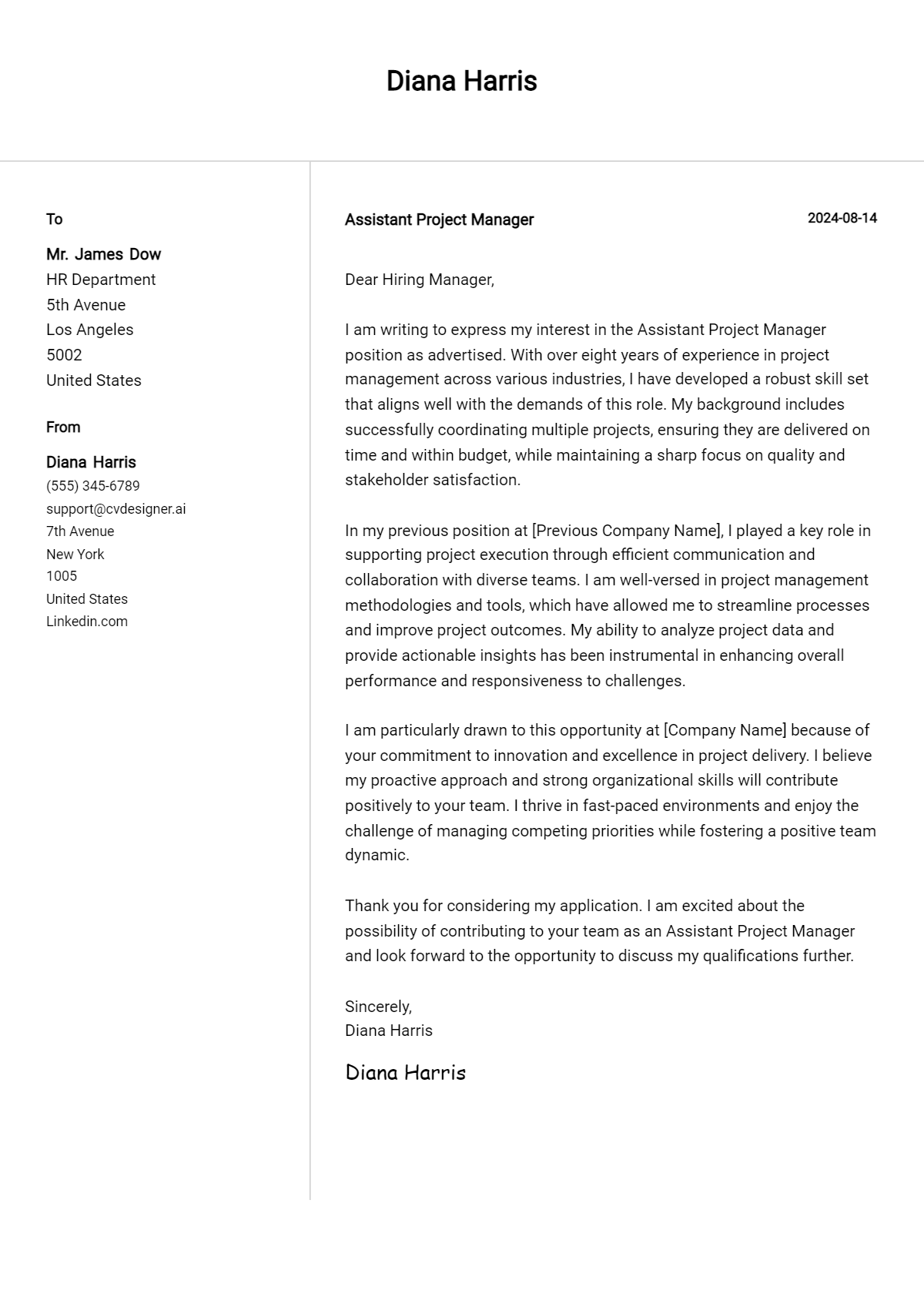 assistant project manager cover letter example