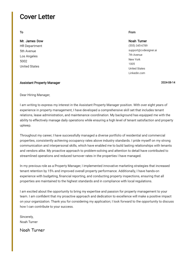 Assistant Property Manager Cover Letter Example for 2025: Proven Tips