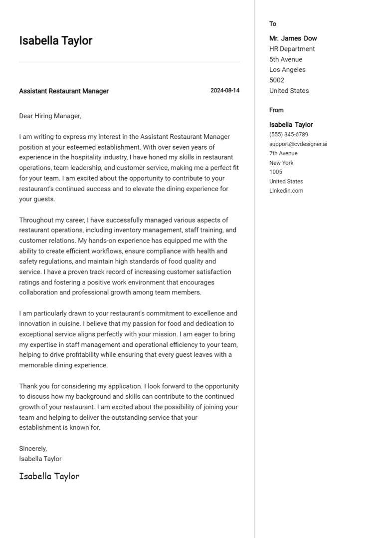 Assistant Restaurant Manager Cover Letter Examples with Writing Tips for 2025