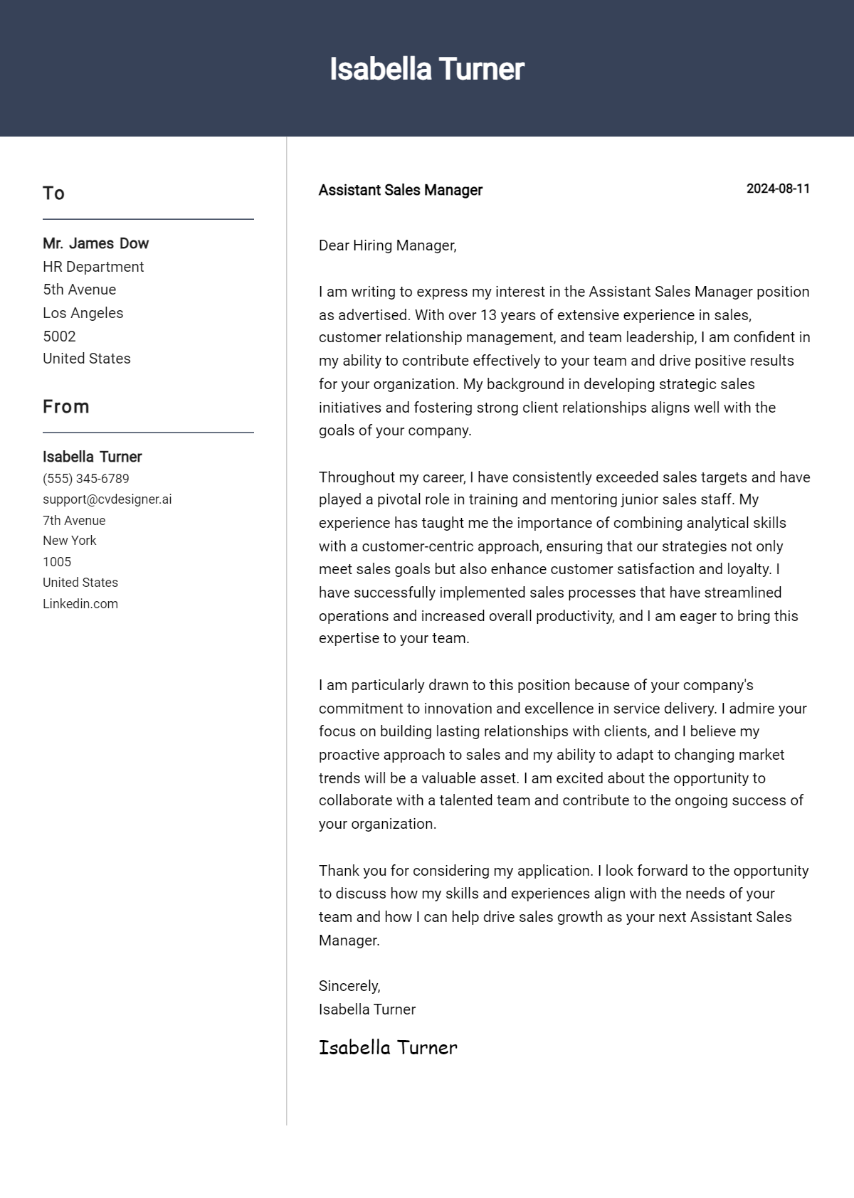 assistant sales manager cover letter example