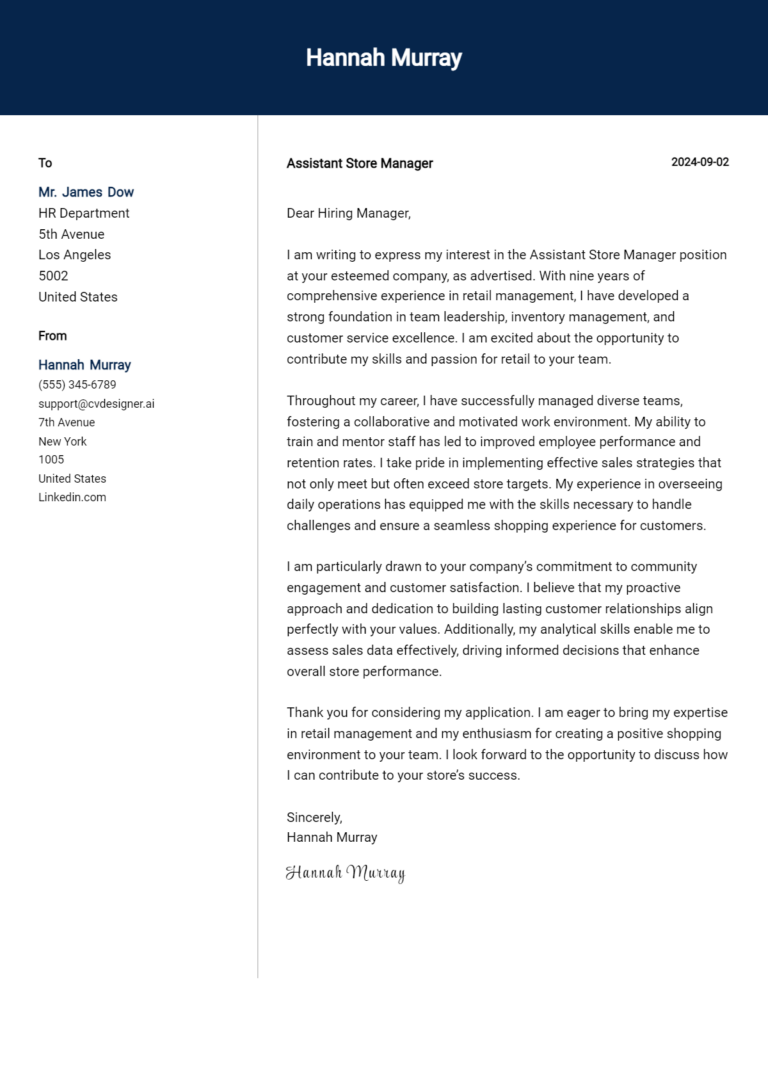 Assistant Store Manager Cover Letter Example for 2025: Free Templates