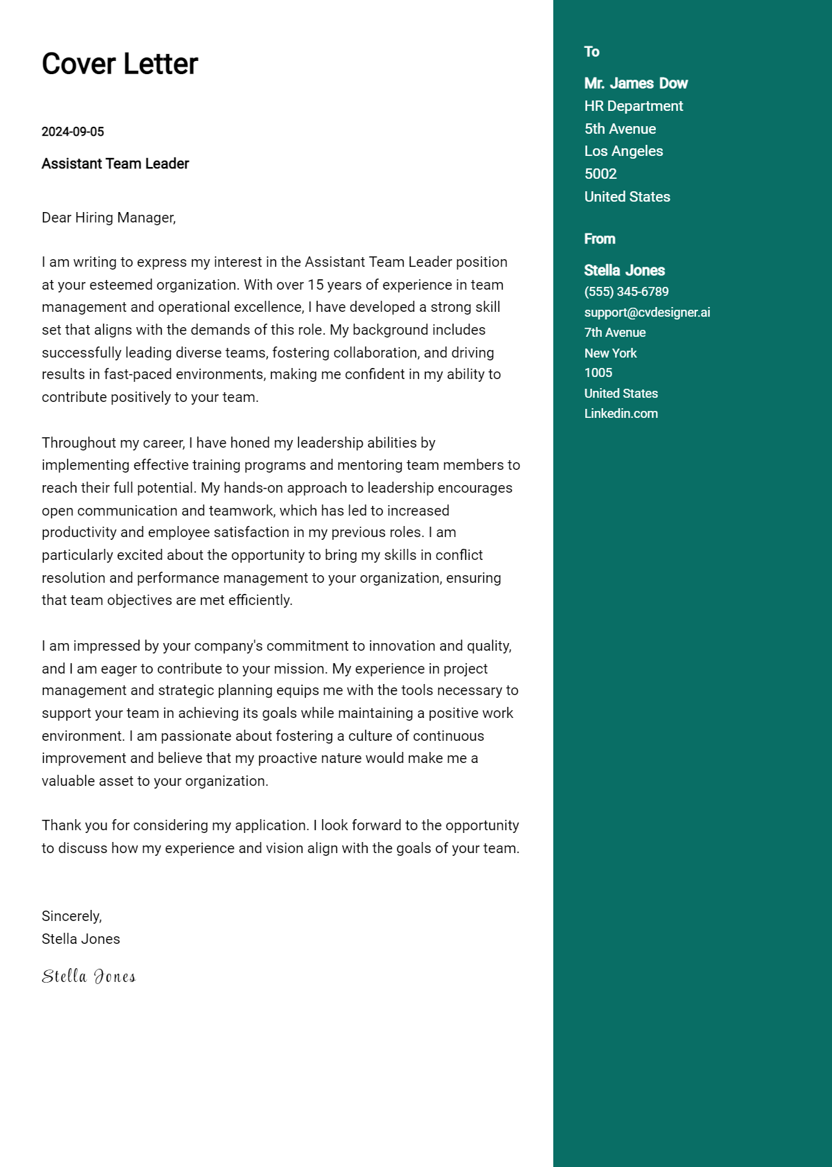 assistant team leader cover letter example