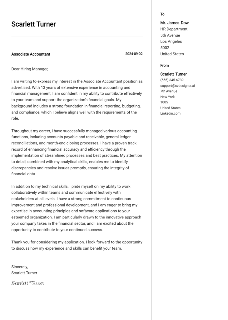 associate accountant cover letter example