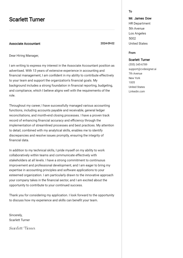 29 Associate Accountant Cover Letter Example for 2025: Tips & Templates
