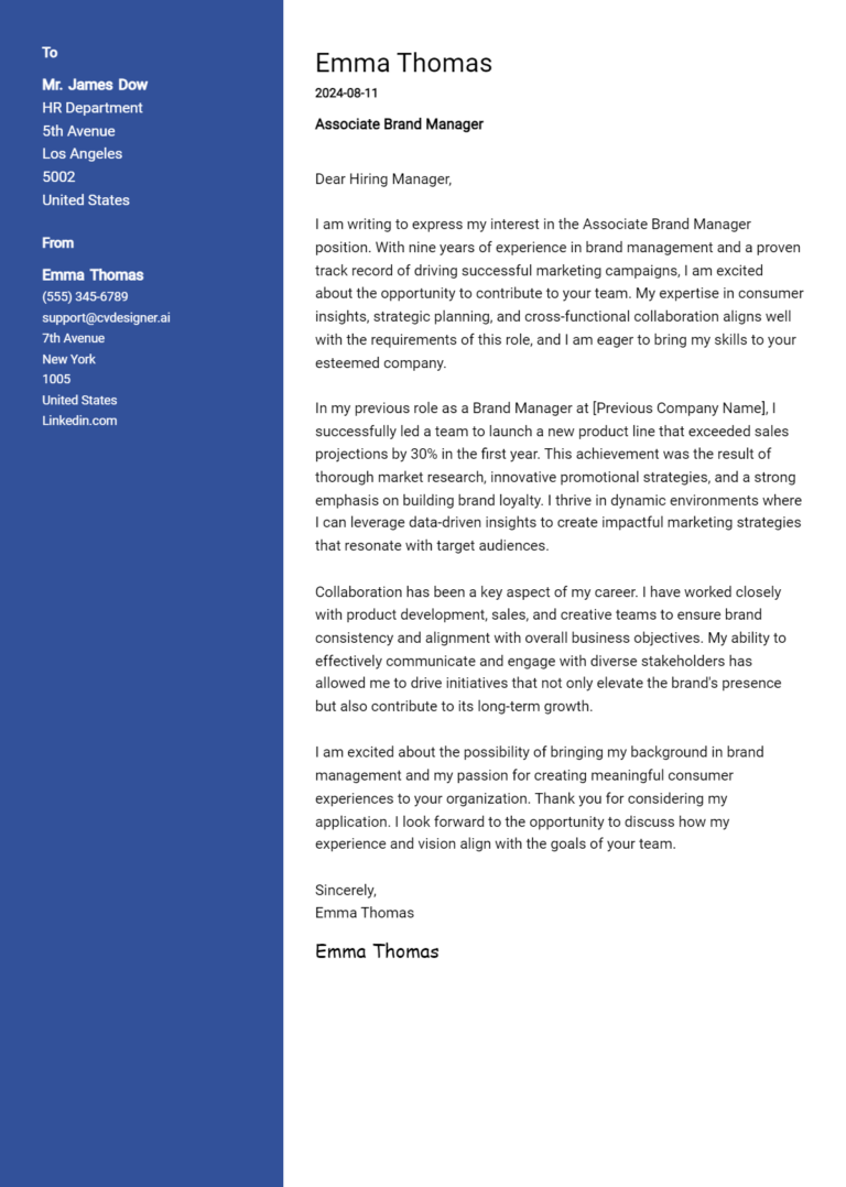 Associate Brand Manager Cover Letter Example for 2025: Top CV Skills