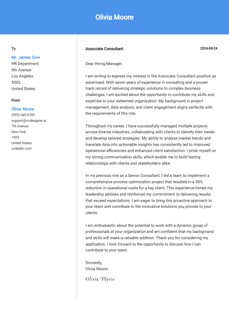 Associate Consultant Cover Letter Example for 2025: Ultimate Guide