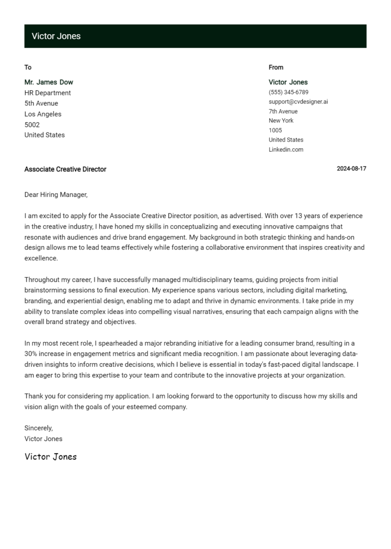 Associate Creative Director Cover Letter Examples & Samples for 2025