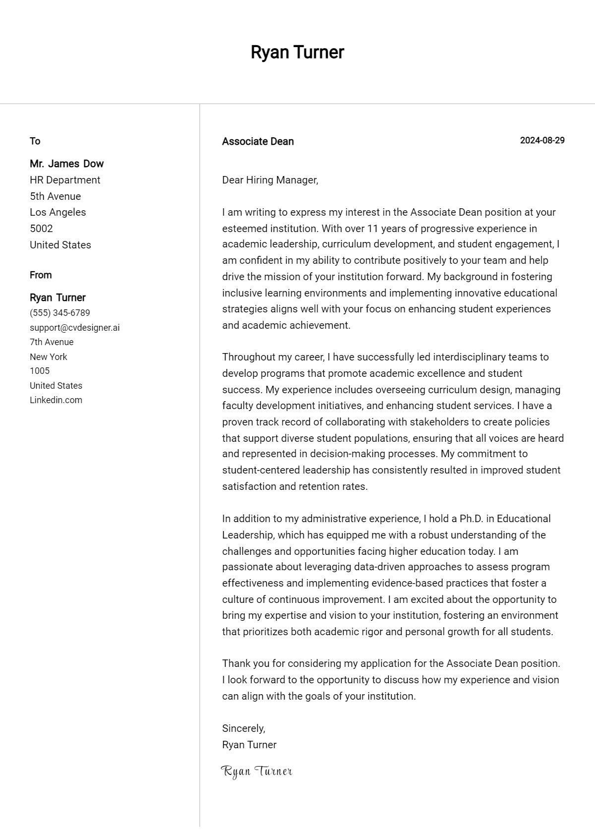 associate dean cover letter example