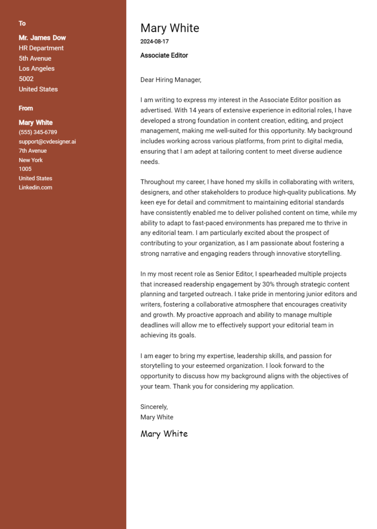 Associate Editor Cover Letter Example for 2025 (Writing Guide)