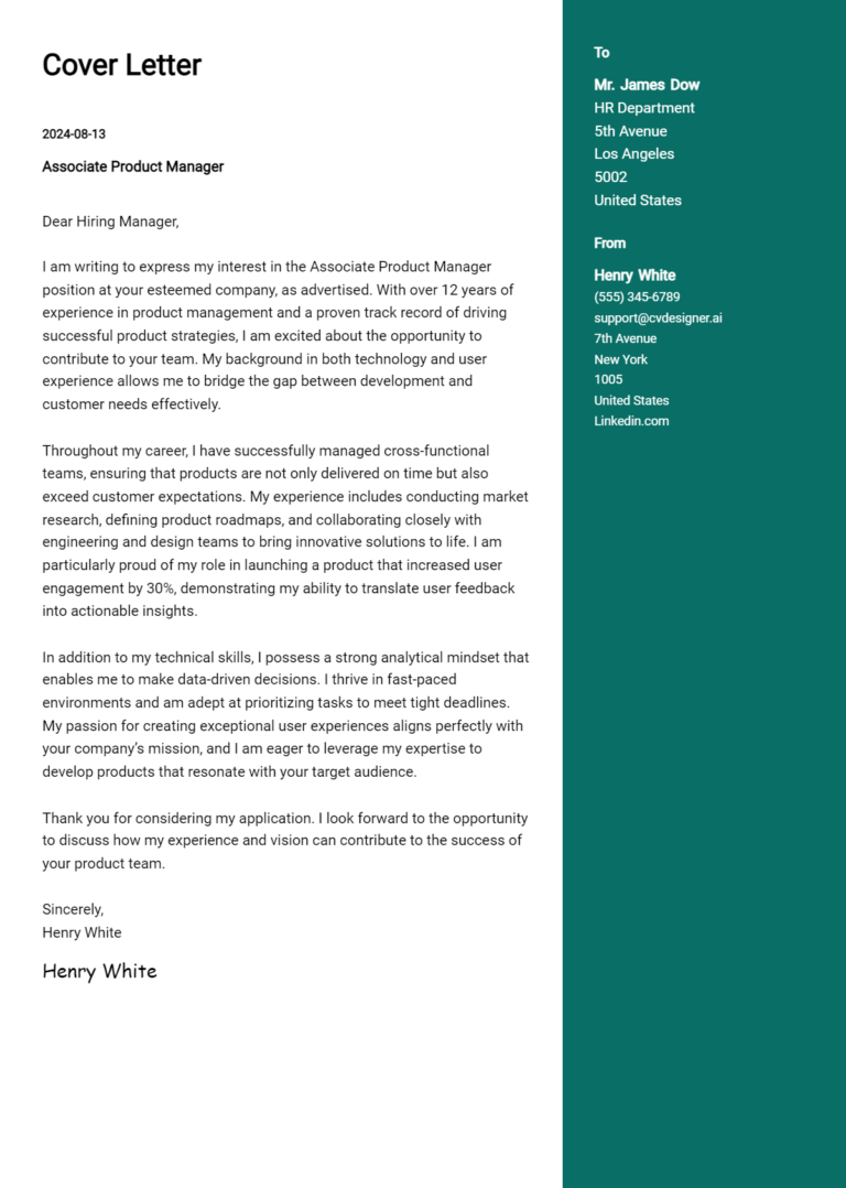 Associate Product Manager Cover Letter Example for 2025 (Free Templates)