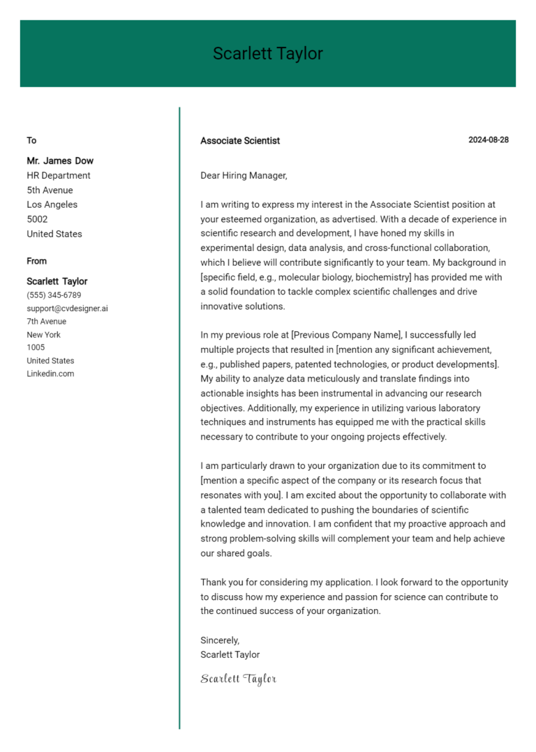 Associate Scientist Cover Letter Example for 2025: Top CV Skills