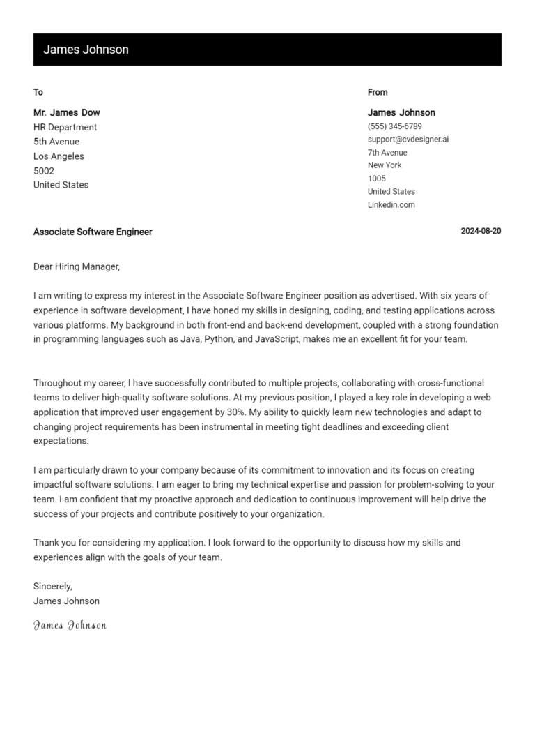 Associate Software Engineer Cover Letter Example for 2025 (Writing Guide) 1 Associate Software Engineer Cover Letter Example for 2025 (Writing Guide)