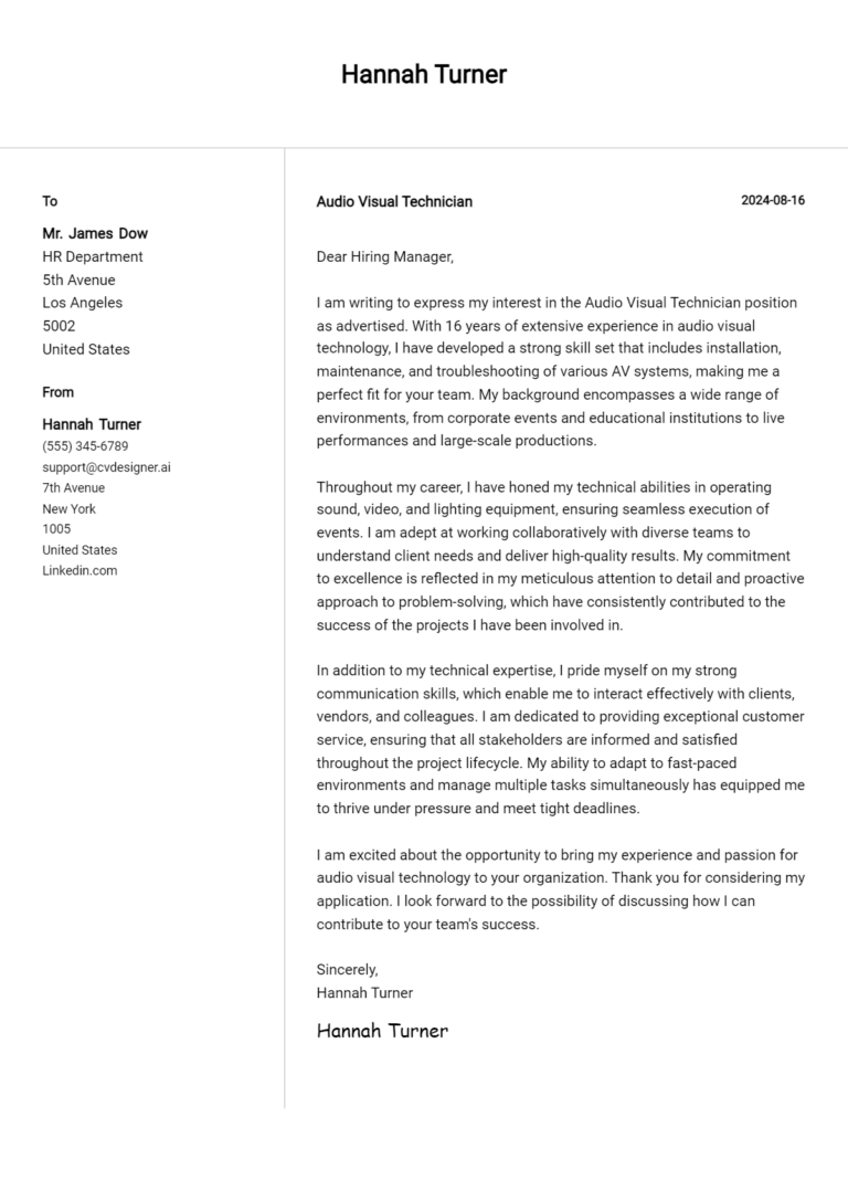 Audio Visual Technician Cover Letter Example for 2025 (Free Templates)
