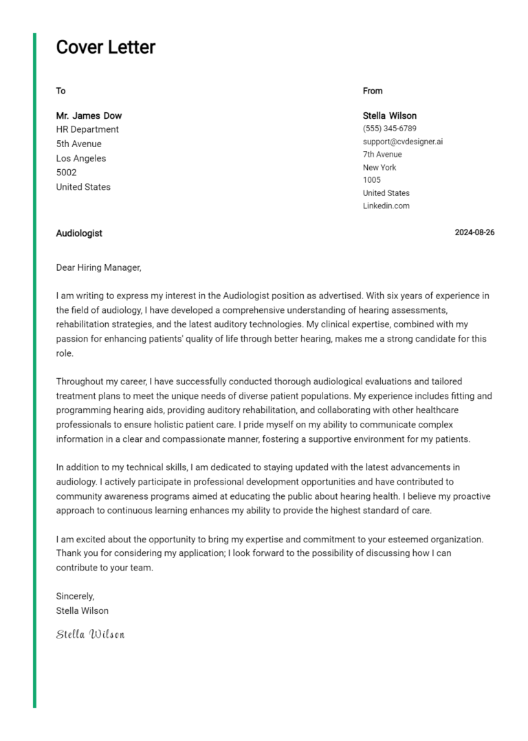 Audiologist Cover Letter Example for 2025 (Free Templates)