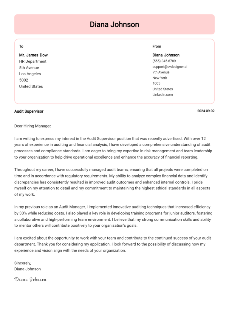 Audit Supervisor Cover Letter Example for 2025 (Writing Guide)