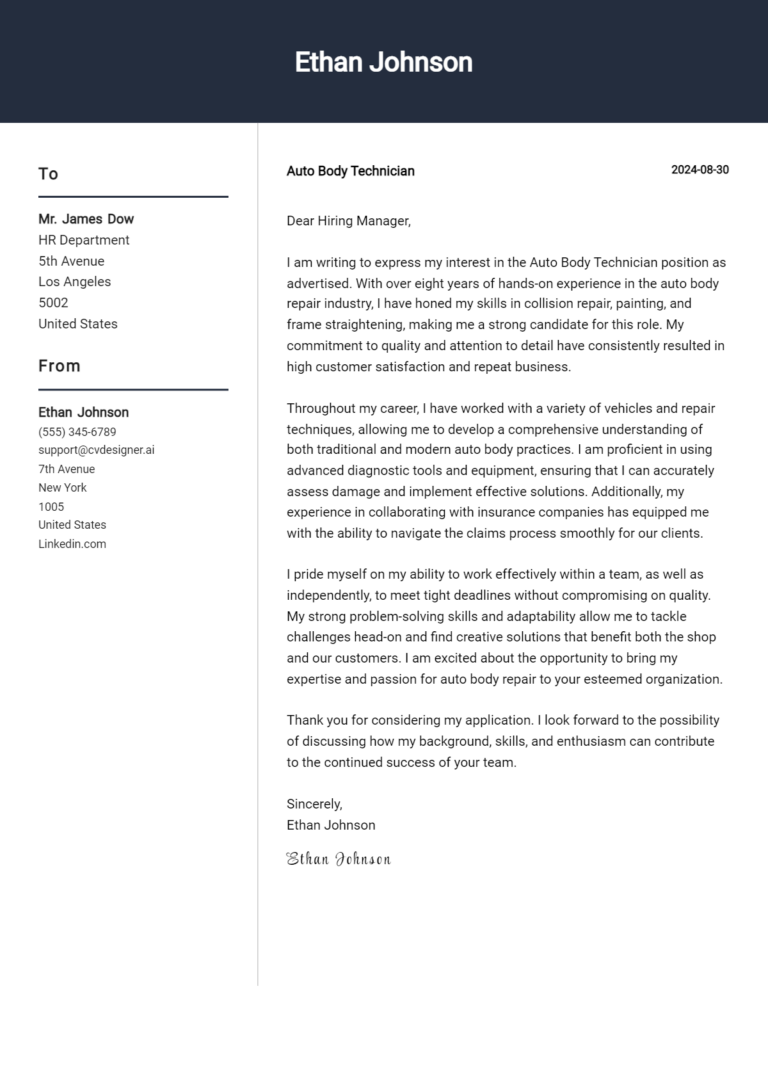 7 Auto Body Technician Cover Letter Examples for 2025: Top CV Skills