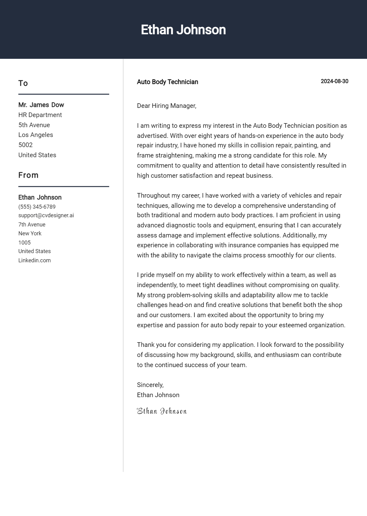 auto body technician cover letter example