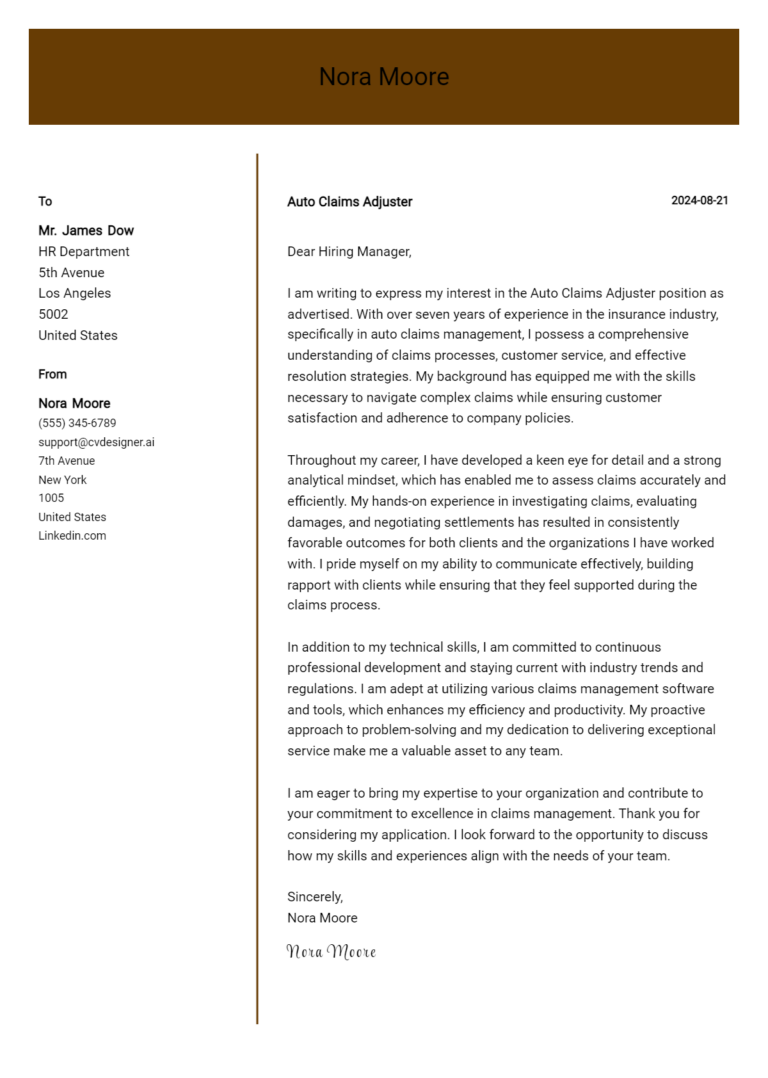 Auto Claims Adjuster Cover Letter Example for 2025 (Download Templates) 1 Auto Claims Adjuster Cover Letter Example for 2025 (Download Templates)