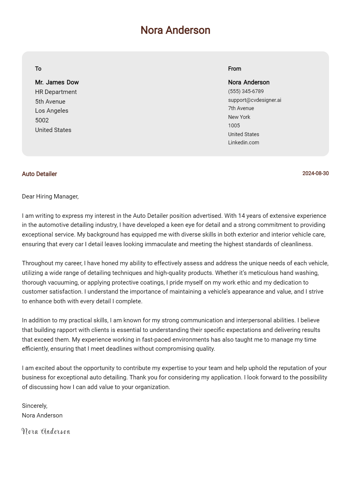 auto detailer cover letter example