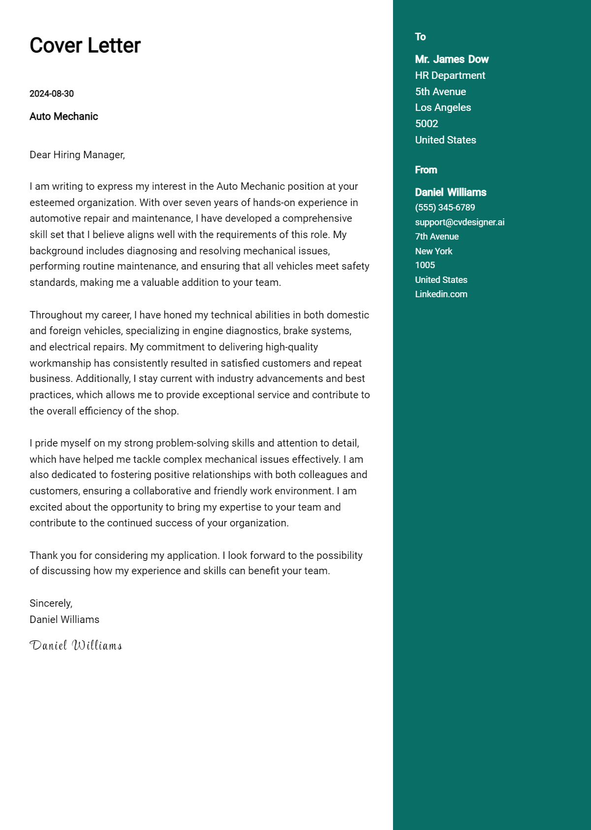 auto mechanic cover letter example