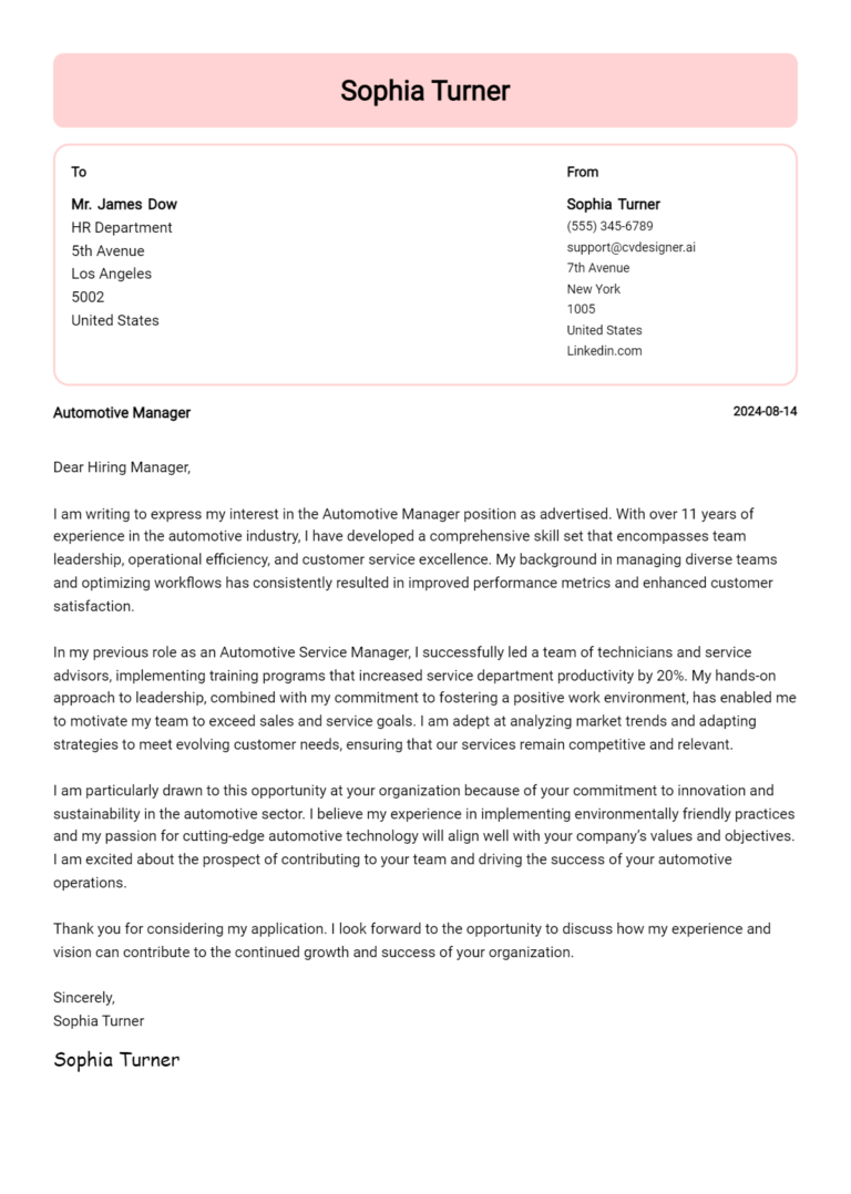 Automotive Manager Cover Letter Example for 2025: Tips & Templates