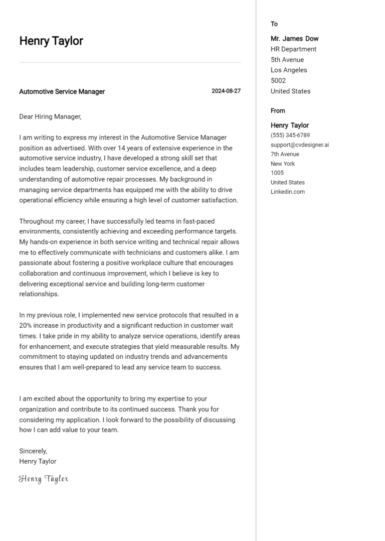 Automotive Service Manager Cover Letter Example for 2025 (Writing Guide)