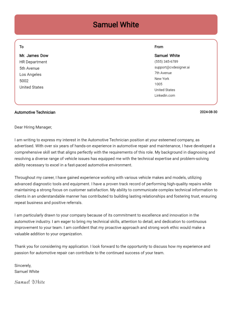 22 Automotive Technician Cover Letter Examples for 2025 (Writing Guide)