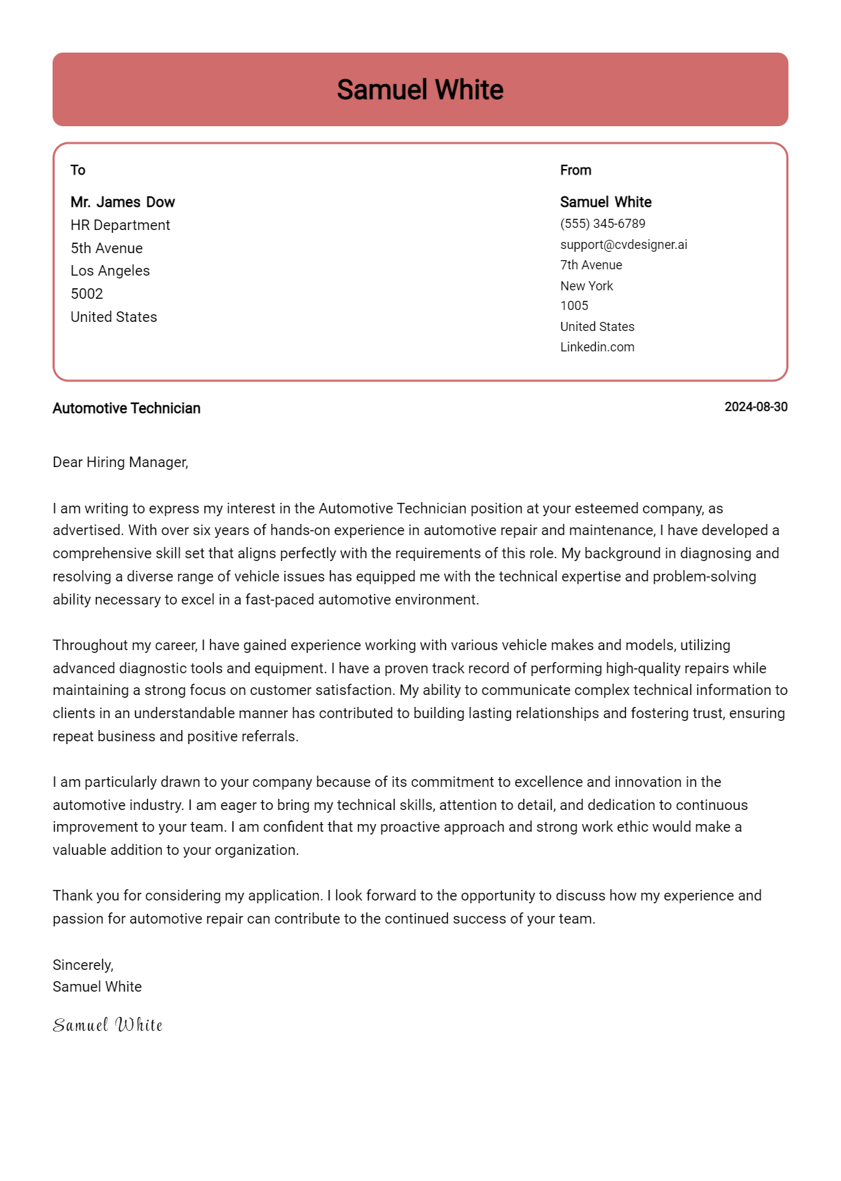 automotive technician cover letter example