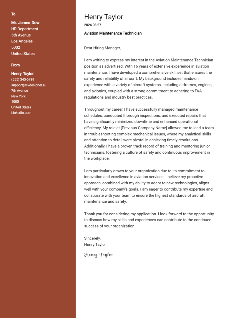 Aviation Maintenance Technician Cover Letter Samples & Examples 2025