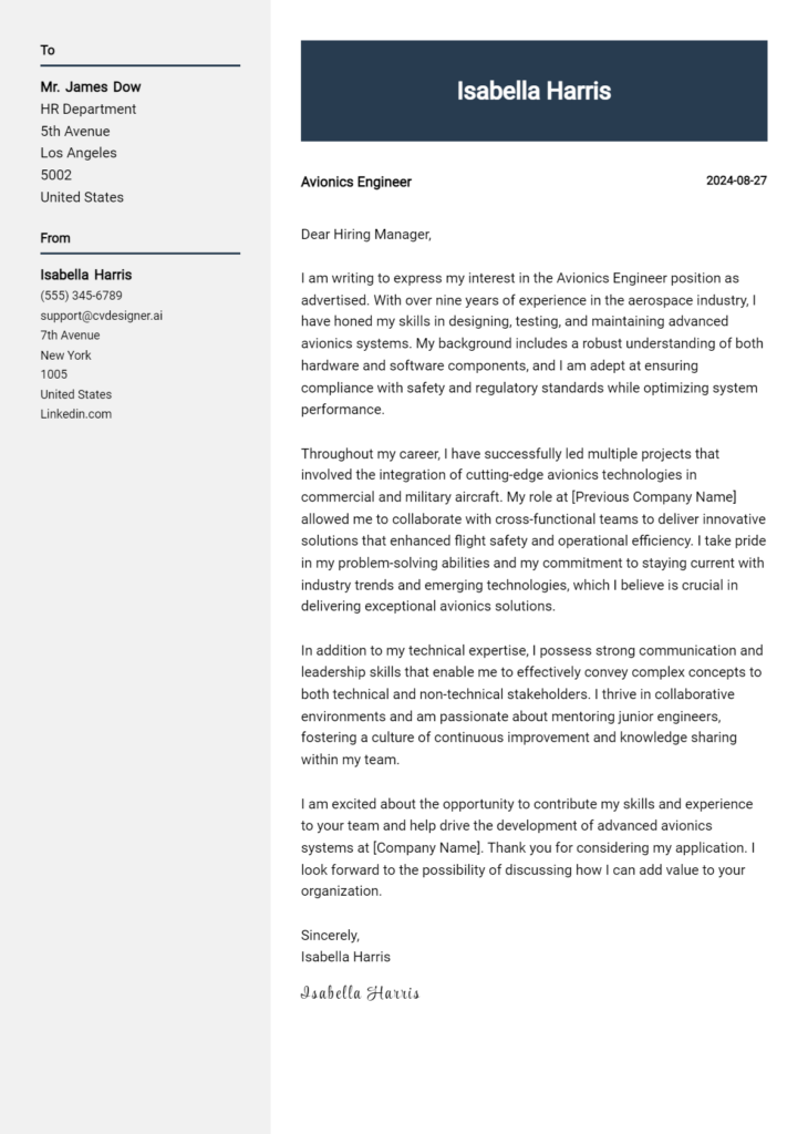 avionics engineer cover letter example