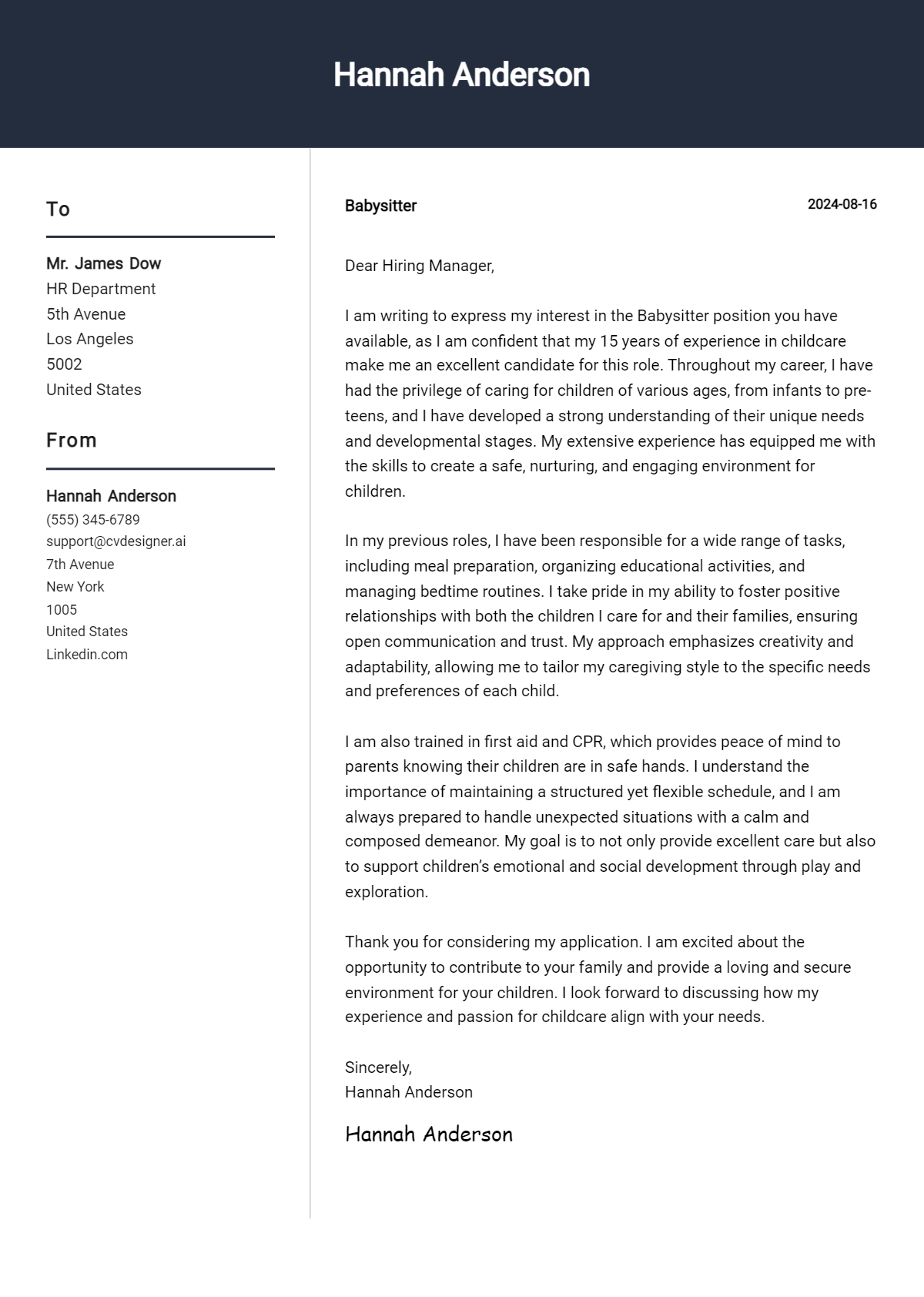 babysitter cover letter example