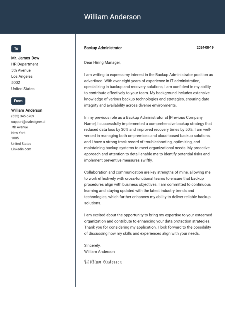Backup Administrator Cover Letter Example for 2025 (Writing Guide) 1 Backup Administrator Cover Letter Example for 2025 (Writing Guide)