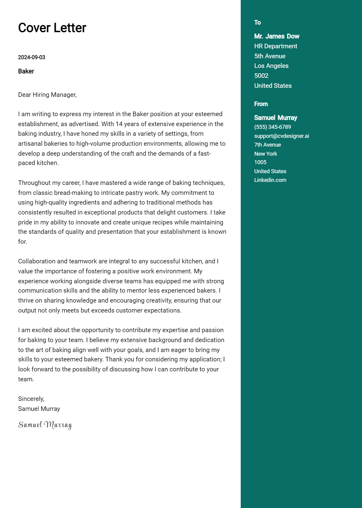 baker cover letter example