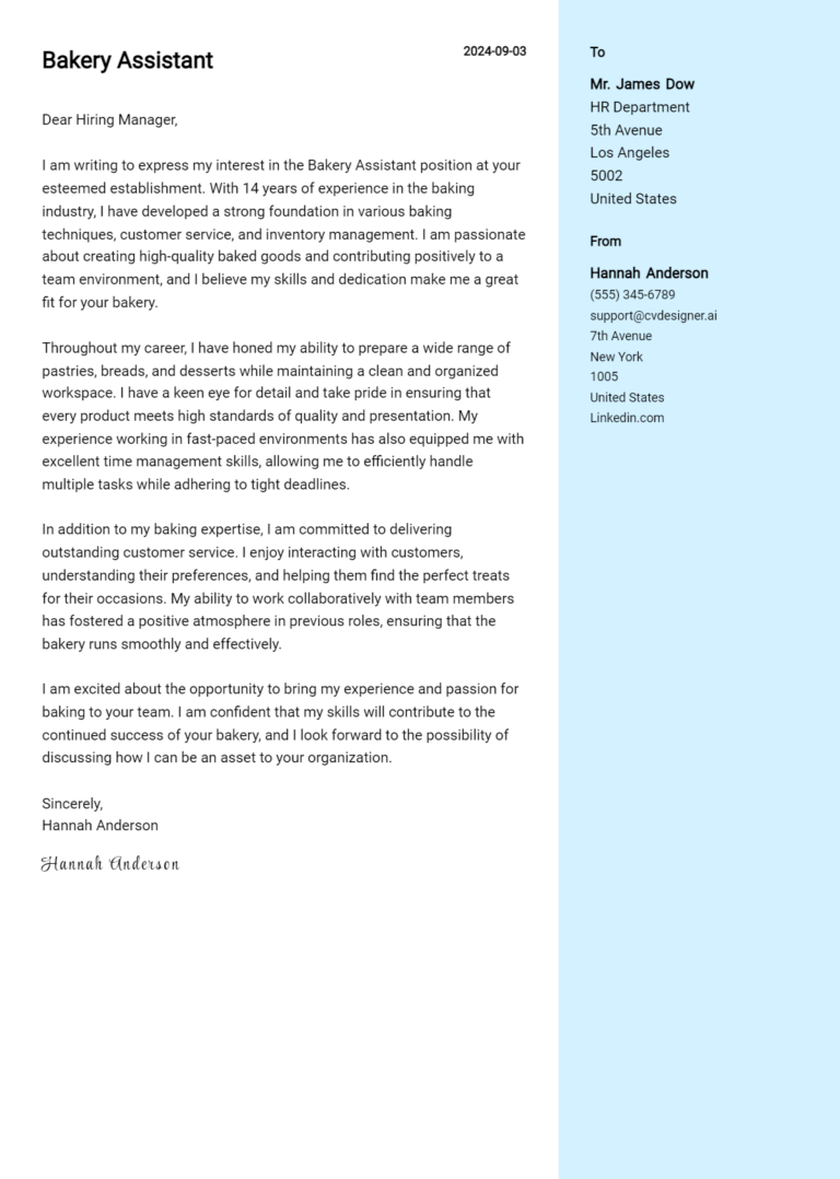 Bakery Assistant Cover Letter Example for 2025: Ultimate Guide