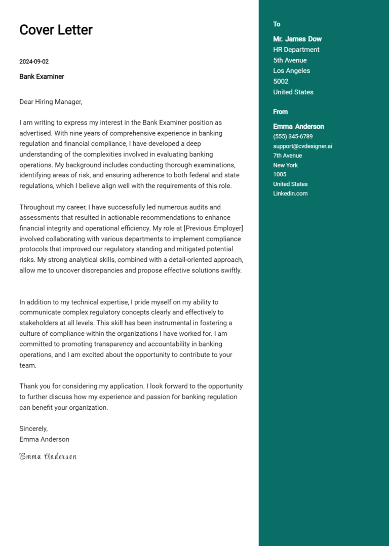 Bank Examiner Cover Letter Example for 2025 (Free Templates)