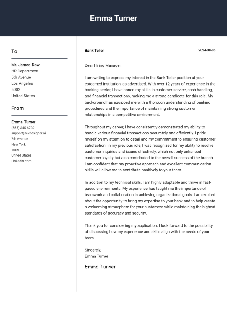 Bank Teller Cover Letter Example for 2025 (Download Templates)