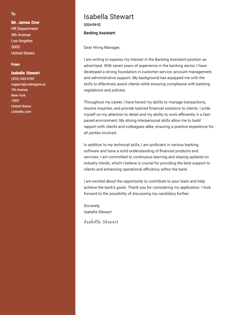 18 Banking Assistant Cover Letter Examples for 2025 (Complete Writing Guide) 1 18 Banking Assistant Cover Letter Examples for 2025 (Complete Writing Guide)