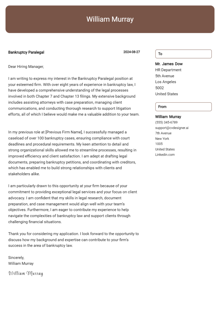 Bankruptcy Paralegal Cover Letter Example for 2025: Tips & Templates 1 Bankruptcy Paralegal Cover Letter Example for 2025: Tips & Templates