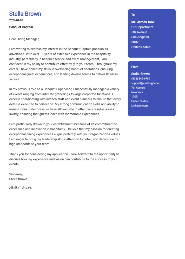Banquet Captain Cover Letter Examples and Templates for 2025 1 Banquet Captain Cover Letter Examples and Templates for 2025