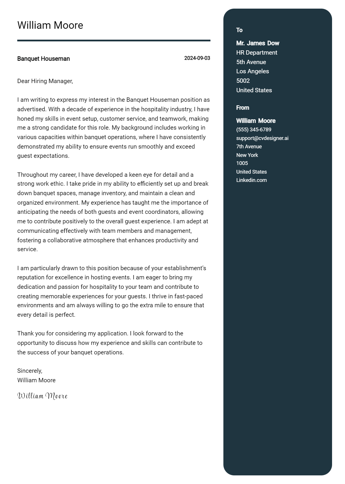 banquet houseman cover letter example