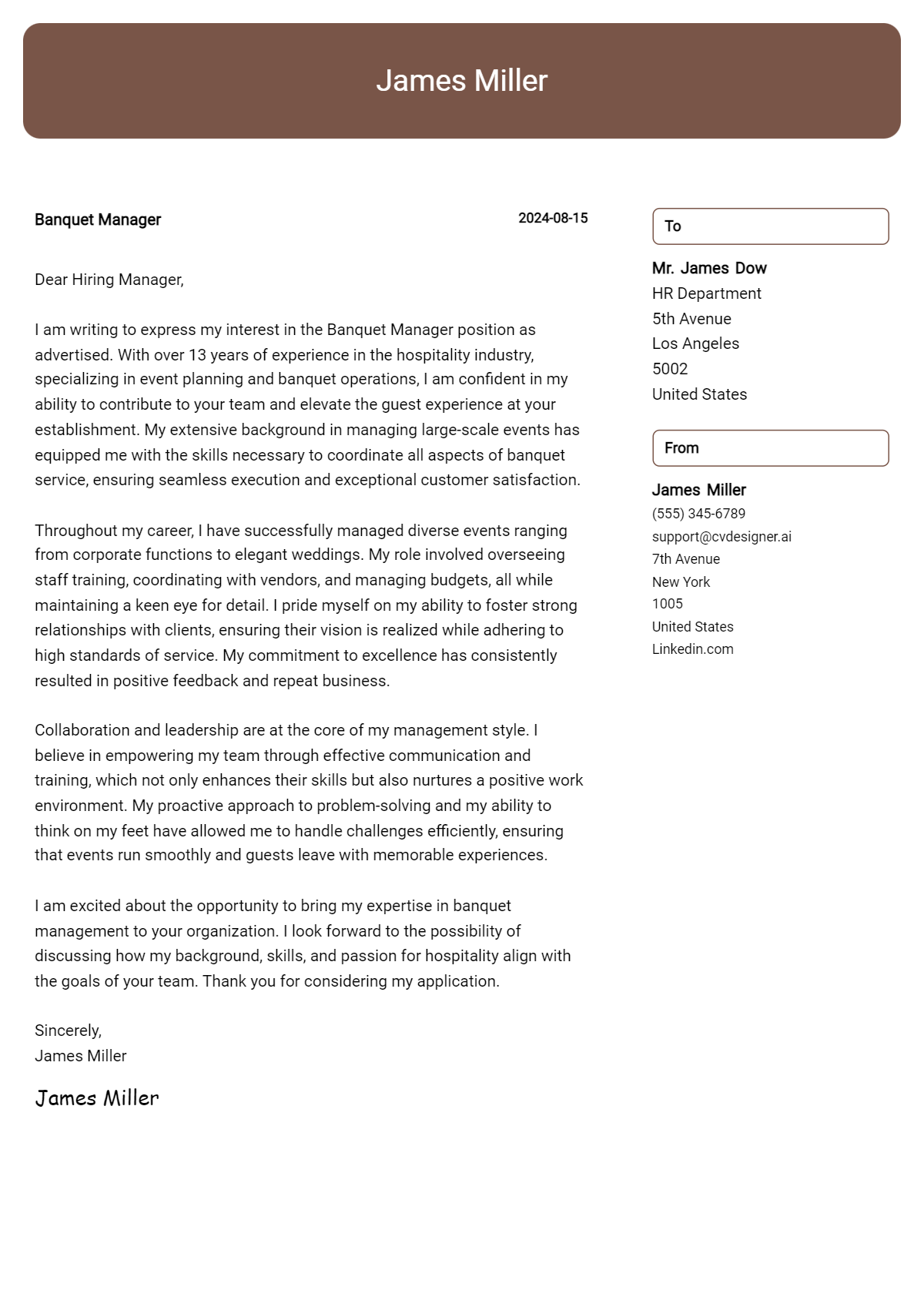 banquet manager cover letter example