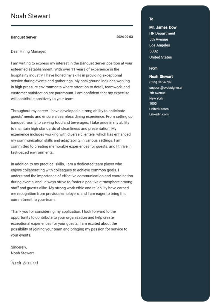 banquet server cover letter example