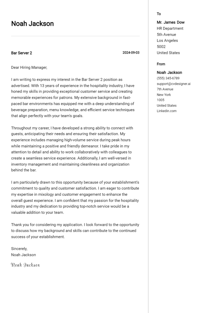 19 Bar Server Cover Letter Examples for 2025 (Free Templates)