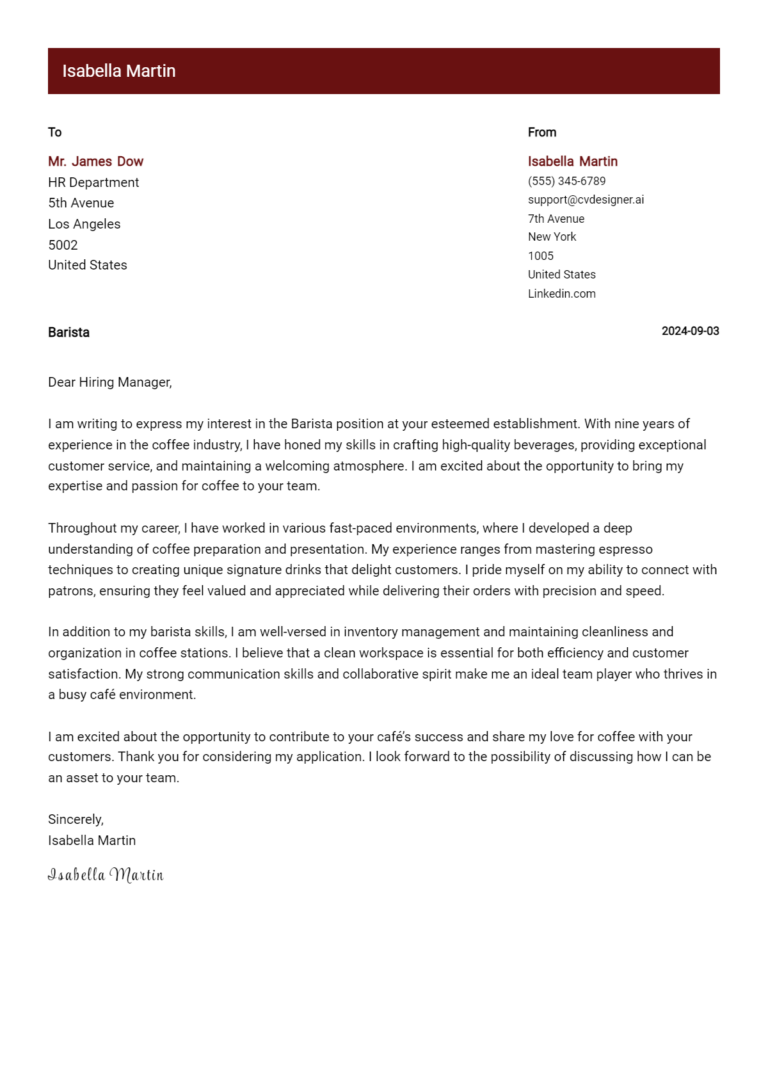 Barista Cover Letter Example for 2024: Tips Templates CVDesigner ai Barista Cover Letter Example for 2024: Tips Templates CVDesigner ai